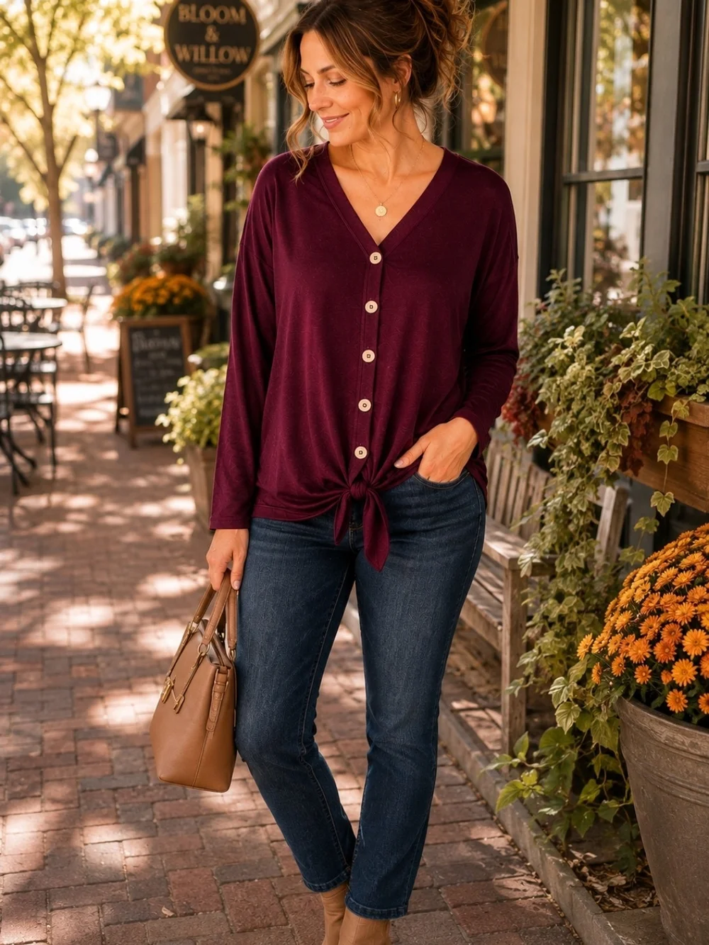 Zenana Premium Burgundy Tie Front Button Henley Top XL | Soft Casual Blouse